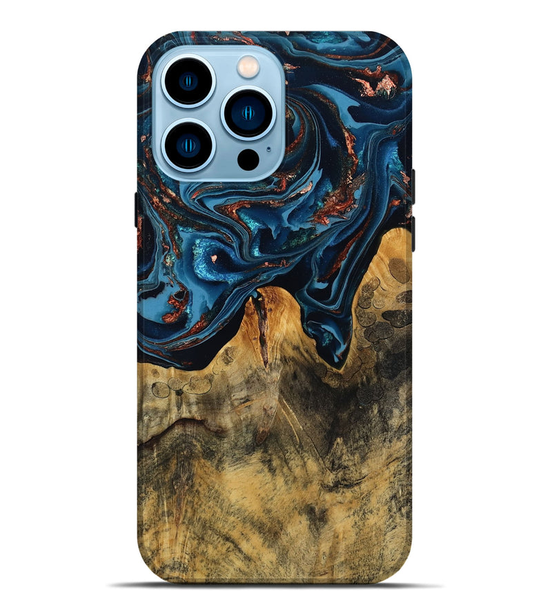 iPhone 14 Pro Max Wood Live Edge Phone Case - Manila (Teal & Gold, 808712)