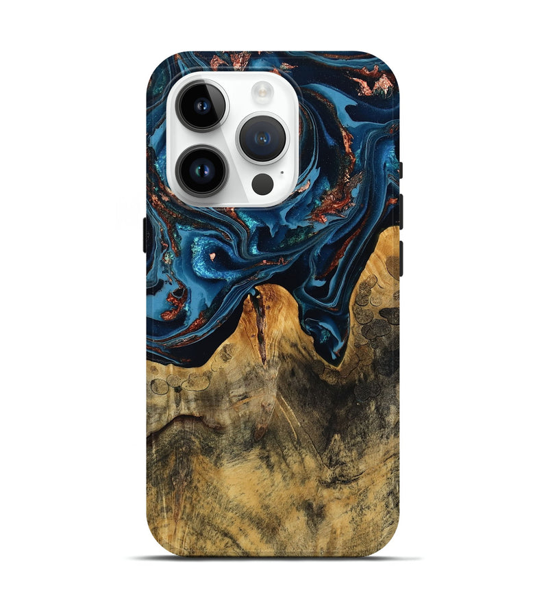 iPhone 15 Pro Wood Live Edge Phone Case - Manila (Teal & Gold, 808712)