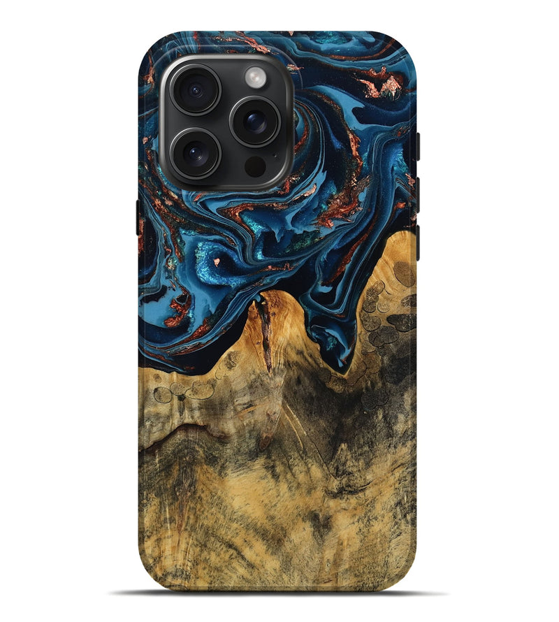 iPhone 16 Pro Max Wood Live Edge Phone Case - Manila (Teal & Gold, 808712)