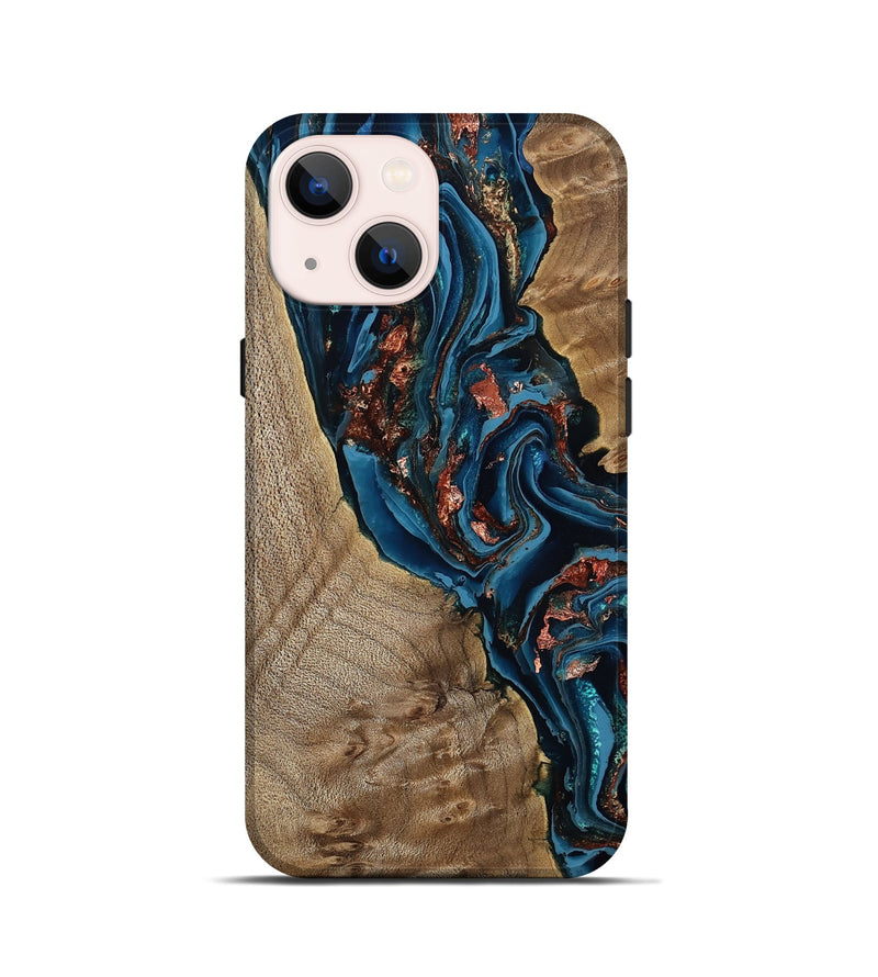 iPhone 13 mini Wood Live Edge Phone Case - Kyler (Teal & Gold, 808715)