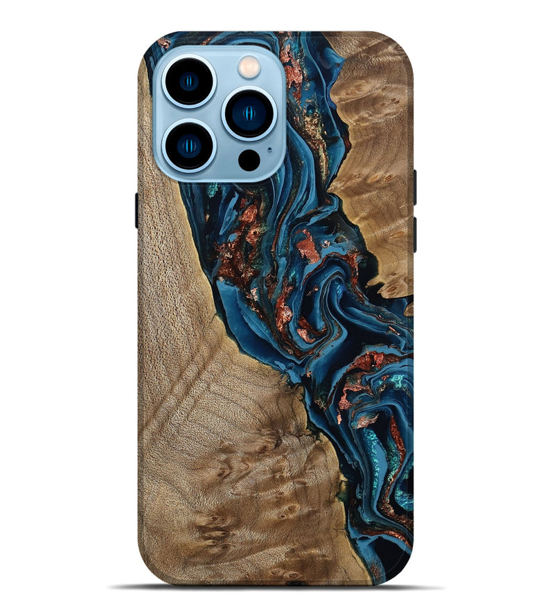 iPhone 14 Pro Max Wood Live Edge Phone Case - Kyler (Teal & Gold, 808715)