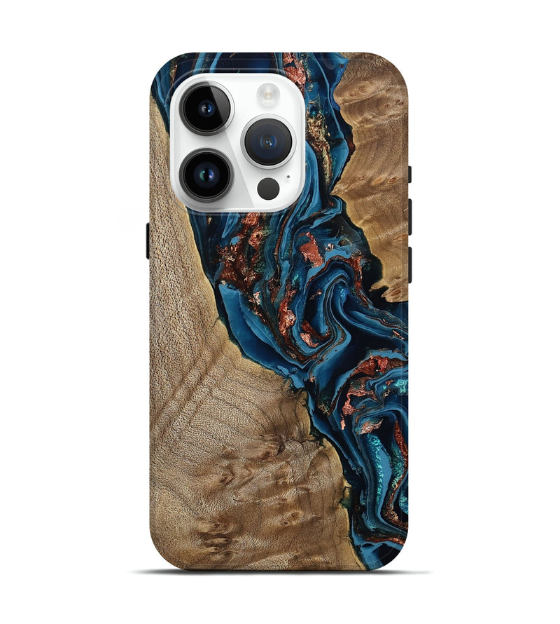 iPhone 15 Pro Wood Live Edge Phone Case - Kyler (Teal & Gold, 808715)