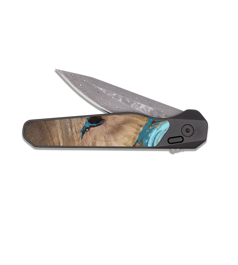 EDC Dark Damascus Wood Pocket Knife - Britni (Teal & Gold, 808813)