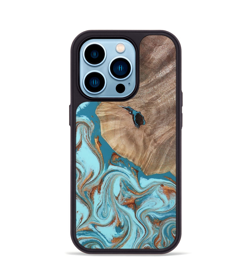 iPhone 14 Pro Wood Phone Case - Britni (Teal & Gold, 808813)