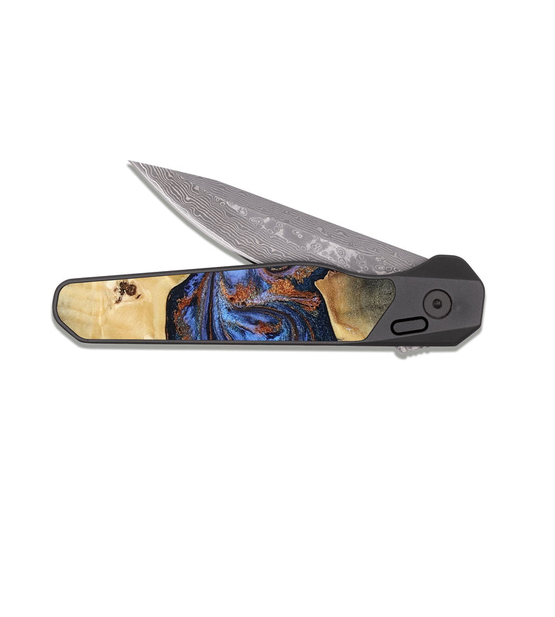 EDC Dark Damascus Wood Pocket Knife - Kayla (Teal & Gold, 808822)