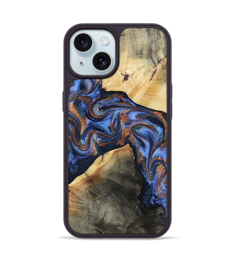 iPhone 15 Wood Phone Case - Kayla (Teal & Gold, 808822)