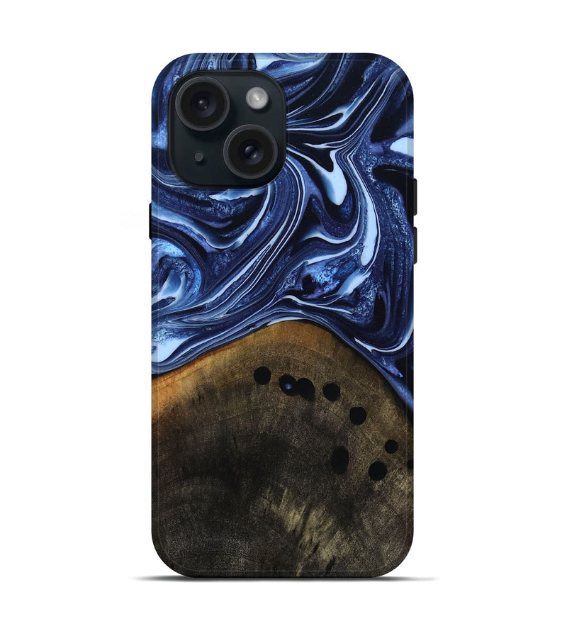 iPhone 15 Wood Live Edge Phone Case - Loraine (Blue, 808991)