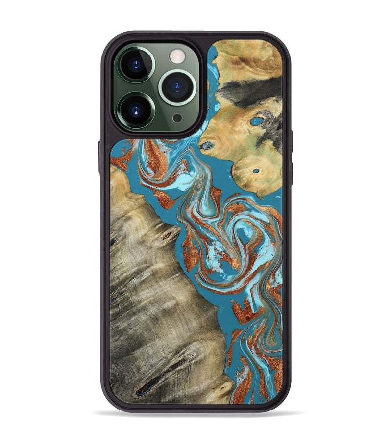 iPhone 13 Pro Max Wood Phone Case - Shirlee (Teal & Gold, 809213)