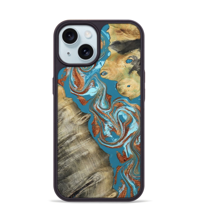 iPhone 15 Wood Phone Case - Shirlee (Teal & Gold, 809213)