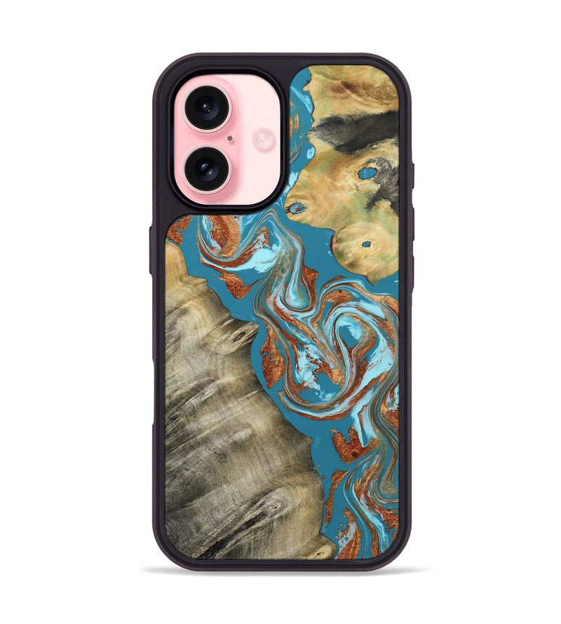iPhone 16 Wood Phone Case - Shirlee (Teal & Gold, 809213)