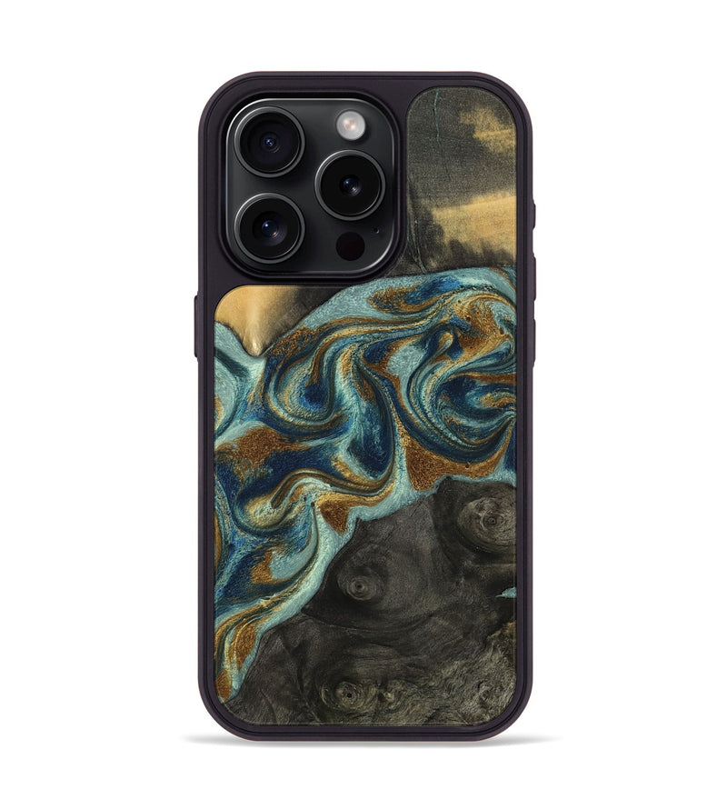 iPhone 15 Pro Wood Phone Case - Nevaeh (Teal & Gold, 809214)