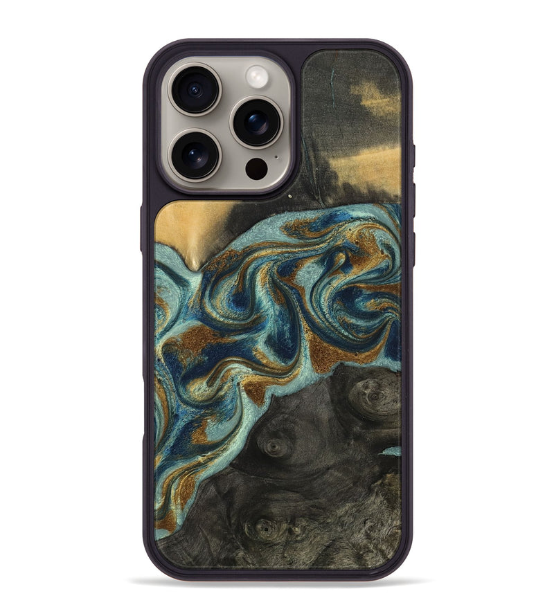 iPhone 16 Pro Max Wood Phone Case - Nevaeh (Teal & Gold, 809214)