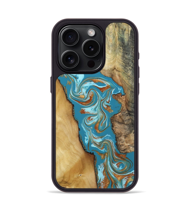 iPhone 15 Pro Wood Phone Case - Bruno (Teal & Gold, 809219)