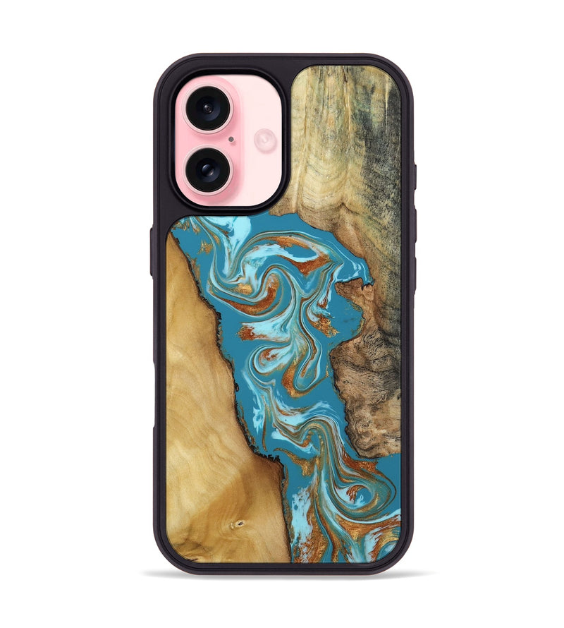 iPhone 16 Wood Phone Case - Bruno (Teal & Gold, 809219)