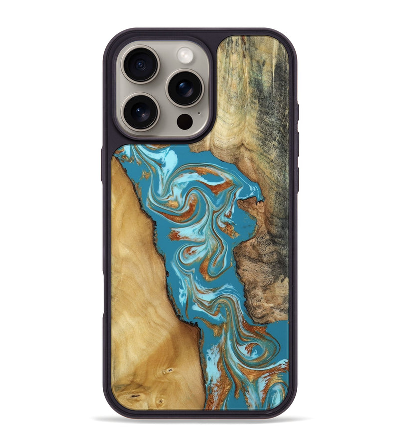 iPhone 16 Pro Max Wood Phone Case - Bruno (Teal & Gold, 809219)