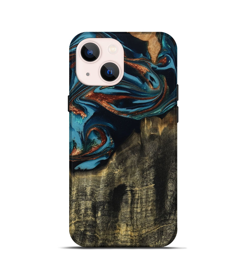 iPhone 13 mini Wood Live Edge Phone Case - Jamie (Teal & Gold, 809252)