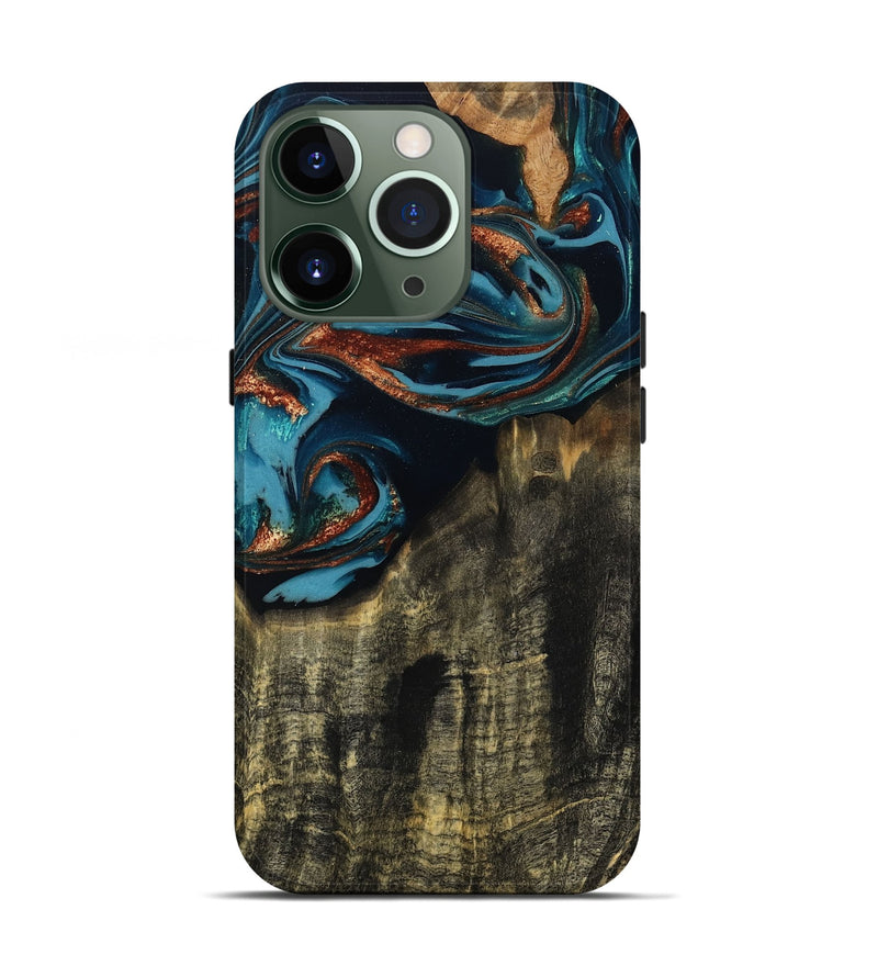 iPhone 13 Pro Wood Live Edge Phone Case - Jamie (Teal & Gold, 809252)