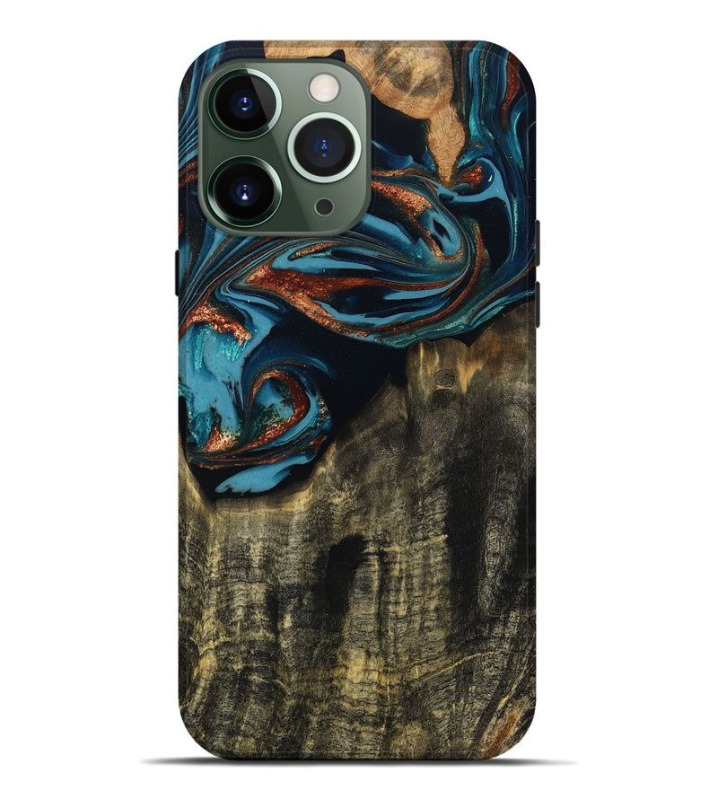 iPhone 13 Pro Max Wood Live Edge Phone Case - Jamie (Teal & Gold, 809252)