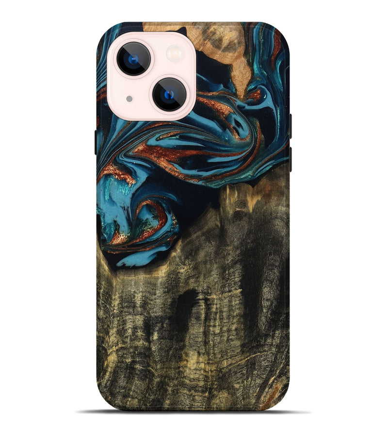 iPhone 14 Plus Wood Live Edge Phone Case - Jamie (Teal & Gold, 809252)