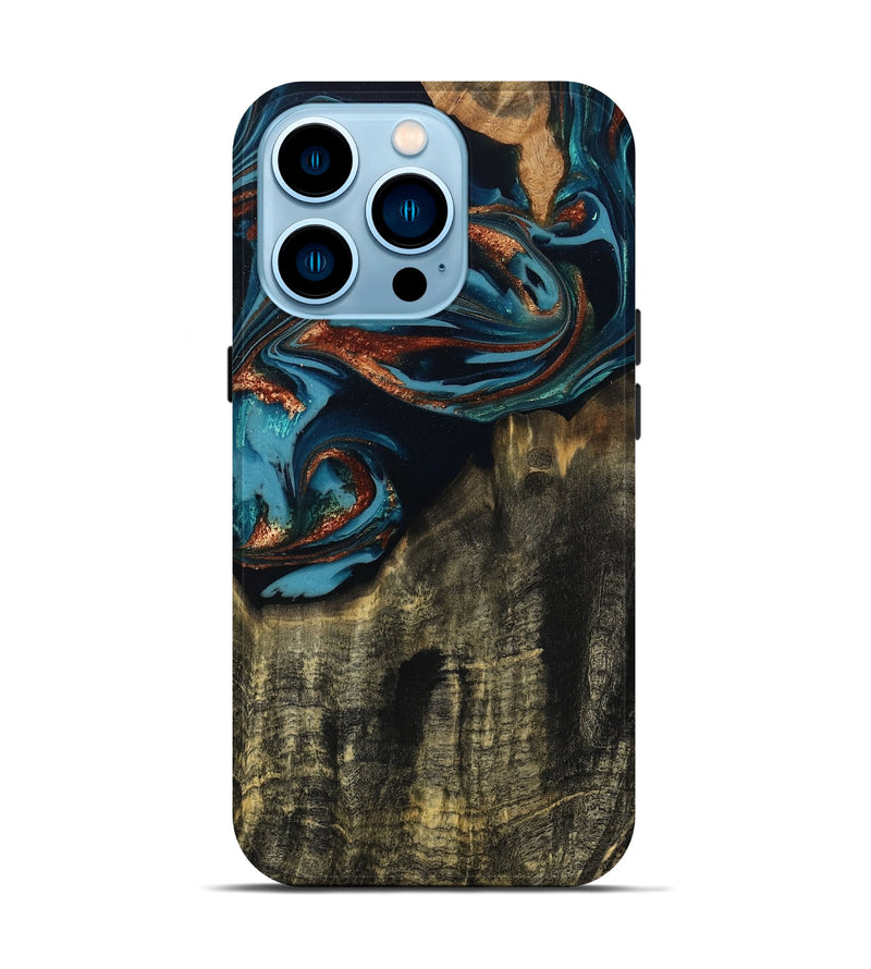 iPhone 14 Pro Wood Live Edge Phone Case - Jamie (Teal & Gold, 809252)