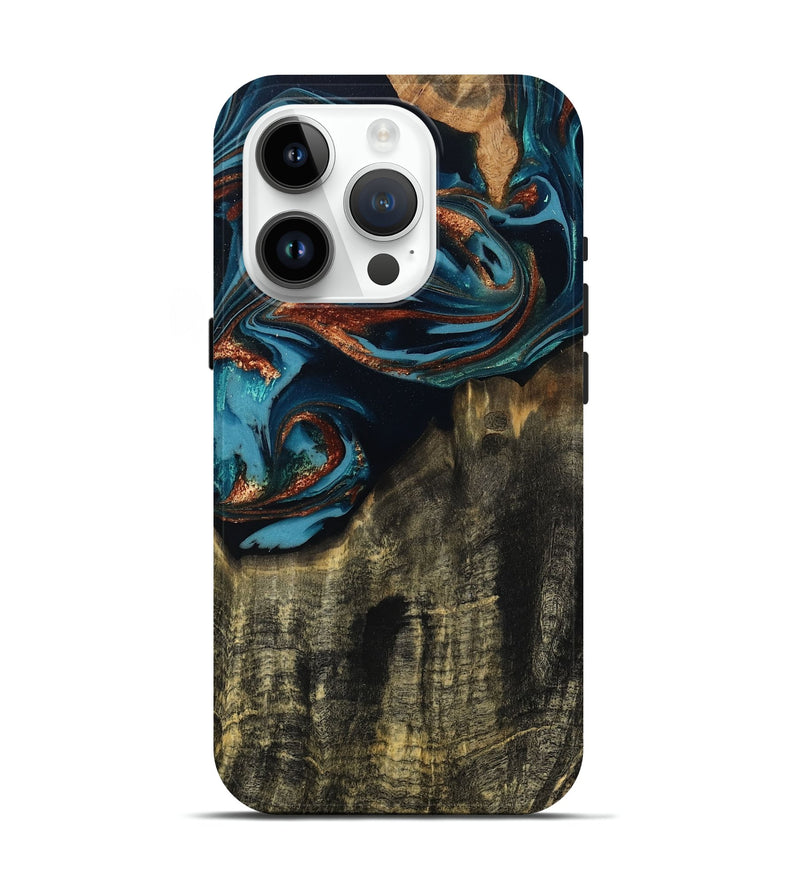 iPhone 15 Pro Wood Live Edge Phone Case - Jamie (Teal & Gold, 809252)