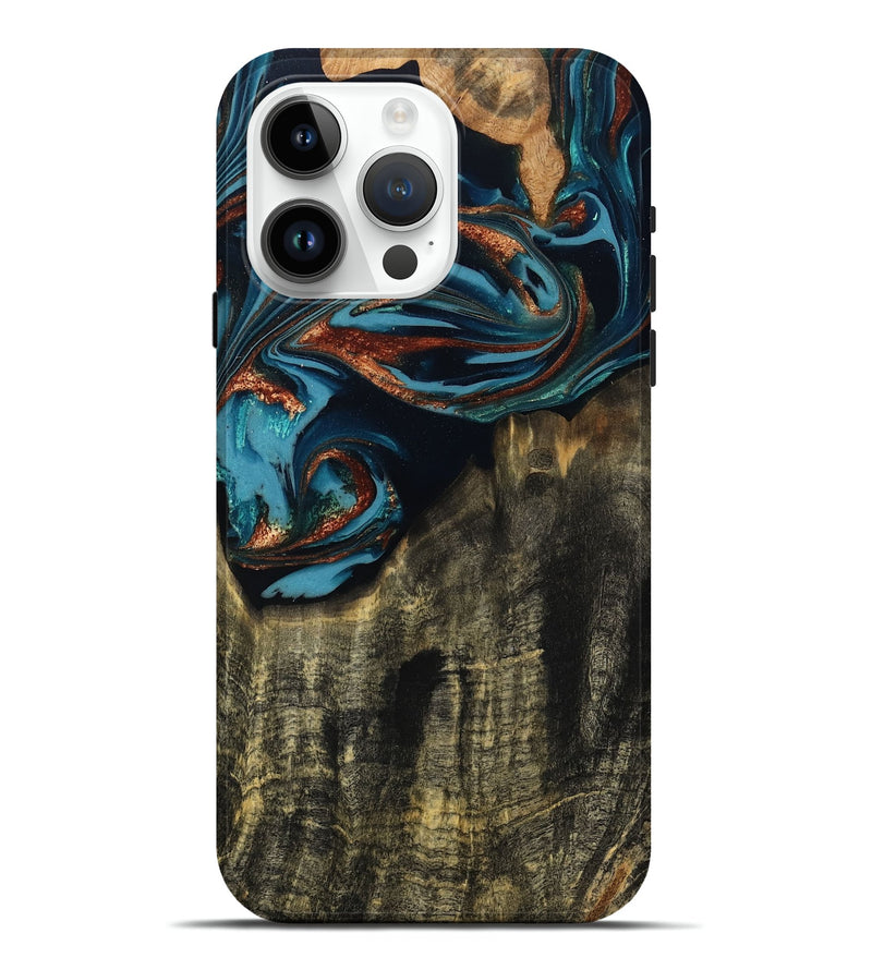 iPhone 15 Pro Max Wood Live Edge Phone Case - Jamie (Teal & Gold, 809252)