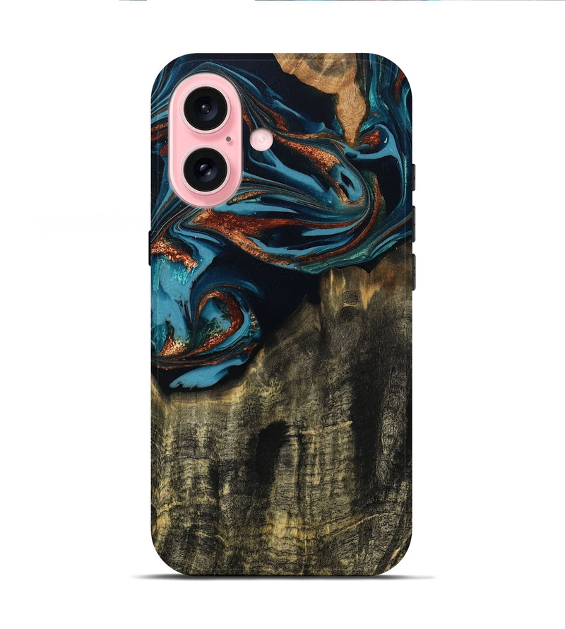 iPhone 16 Wood Live Edge Phone Case - Jamie (Teal & Gold, 809252)
