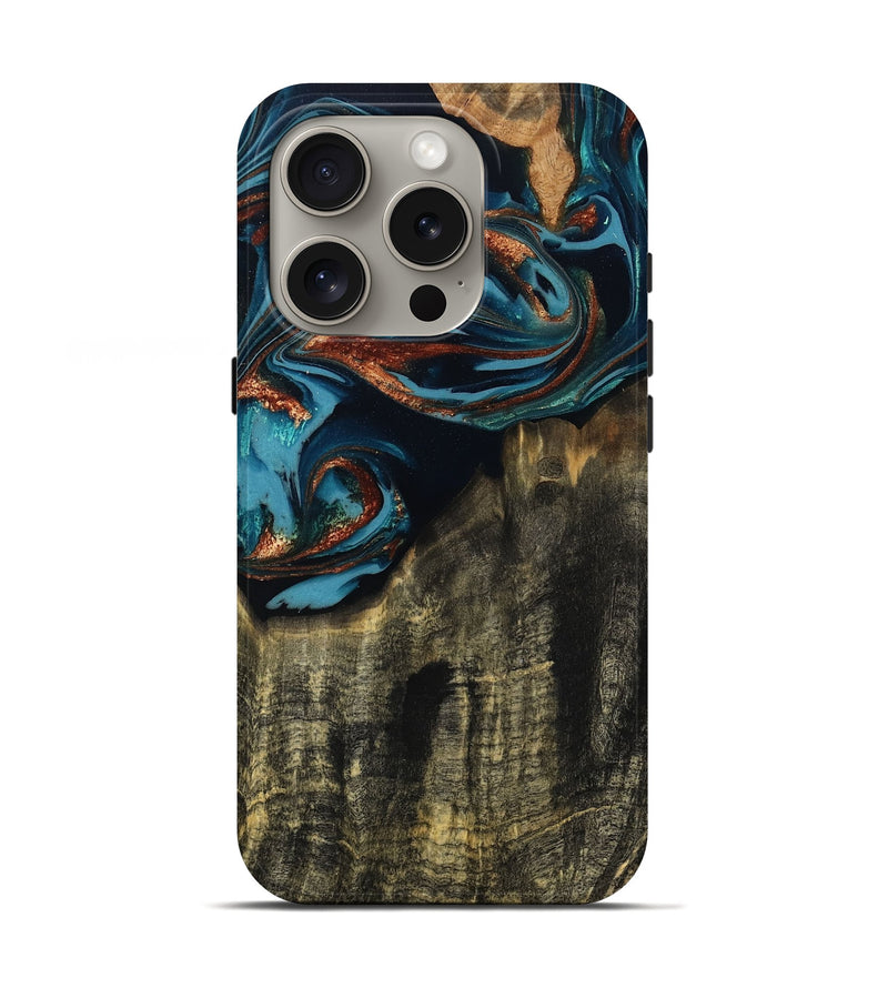 iPhone 16 Pro Wood Live Edge Phone Case - Jamie (Teal & Gold, 809252)