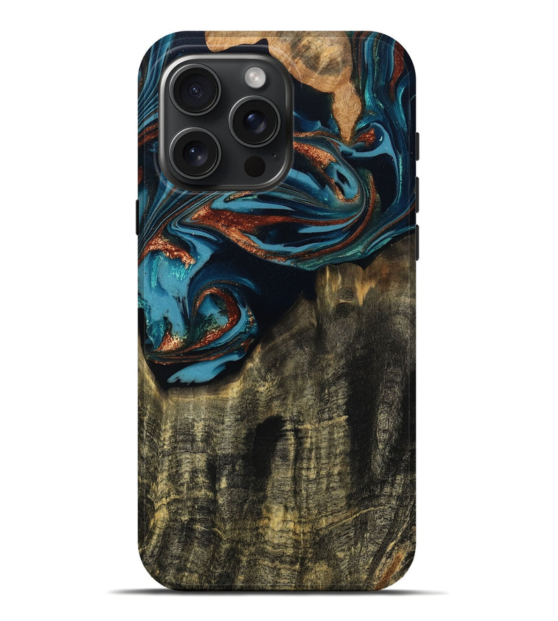 iPhone 16 Pro Max Wood Live Edge Phone Case - Jamie (Teal & Gold, 809252)
