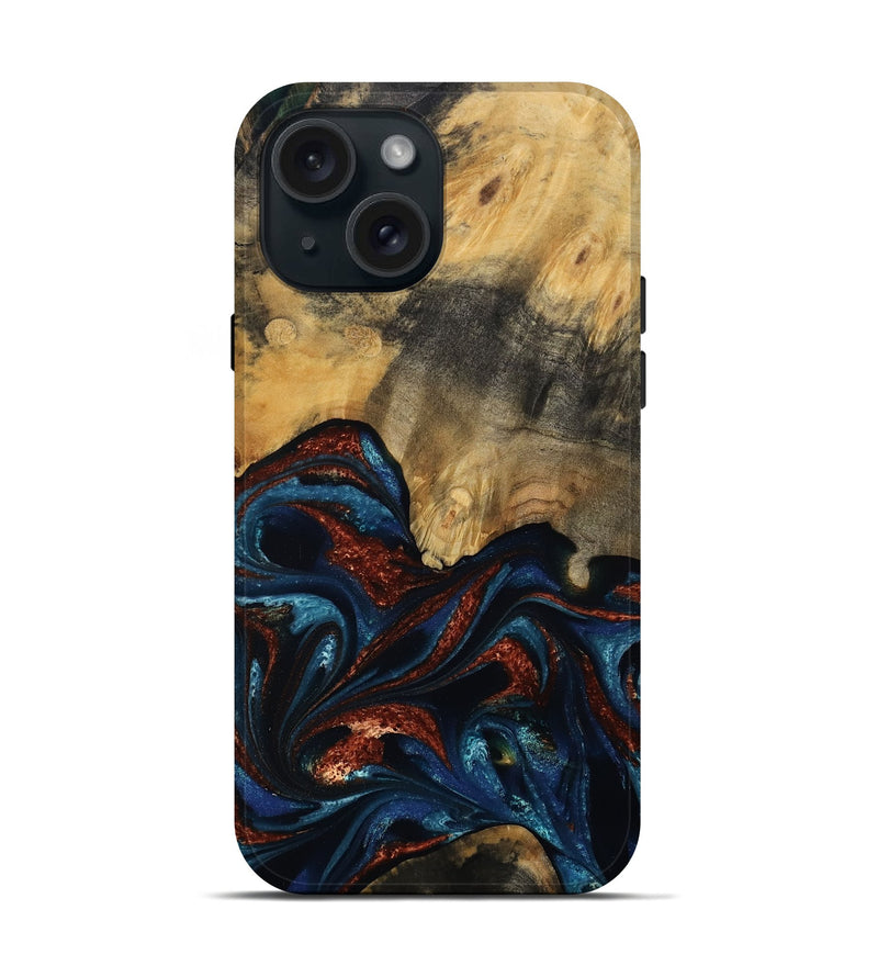 iPhone 15 Wood Live Edge Phone Case - Trinity (Teal & Gold, 809261)