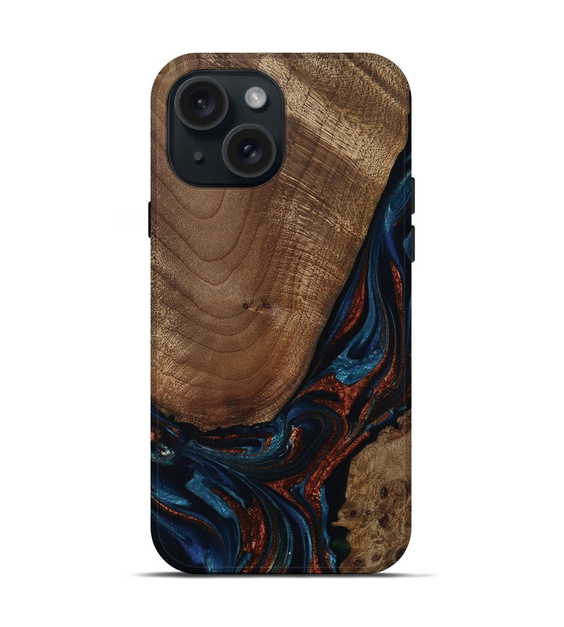 iPhone 15 Wood Live Edge Phone Case - Abdiel (Teal & Gold, 809271)