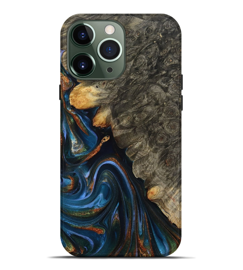 iPhone 13 Pro Max Wood Live Edge Phone Case - Jaylani (Teal & Gold, 809283)