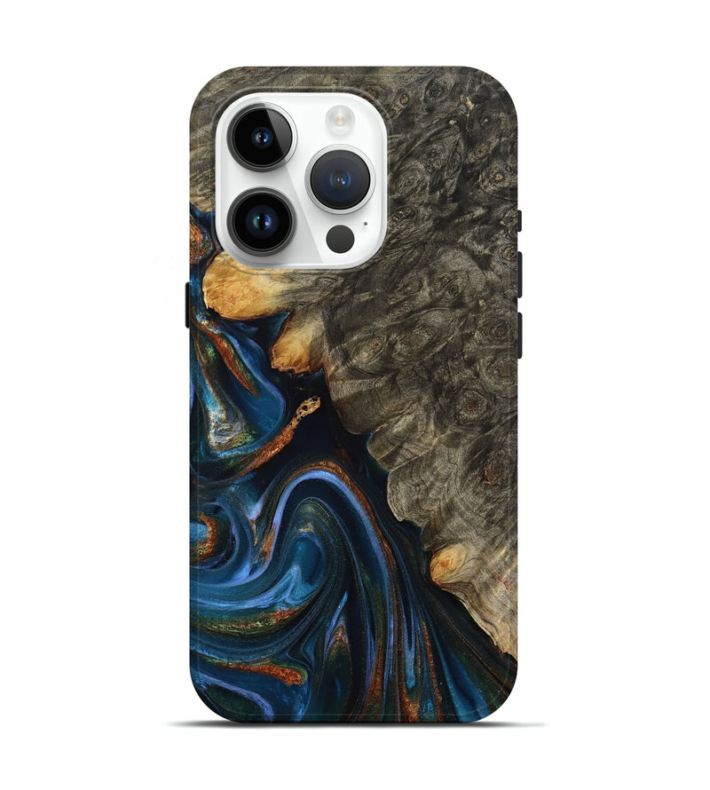 iPhone 15 Pro Wood Live Edge Phone Case - Jaylani (Teal & Gold, 809283)