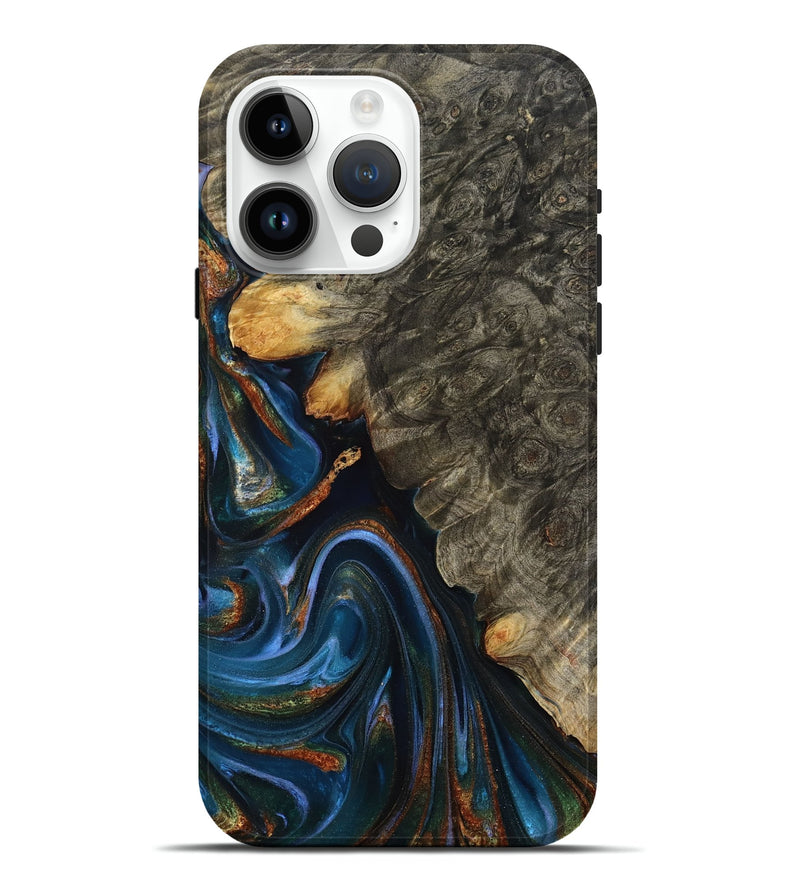 iPhone 15 Pro Max Wood Live Edge Phone Case - Jaylani (Teal & Gold, 809283)