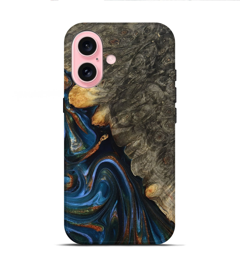 iPhone 16 Wood Live Edge Phone Case - Jaylani (Teal & Gold, 809283)