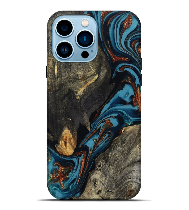 iPhone 14 Pro Max Wood Live Edge Phone Case - Ireland (Teal & Gold, 809292)