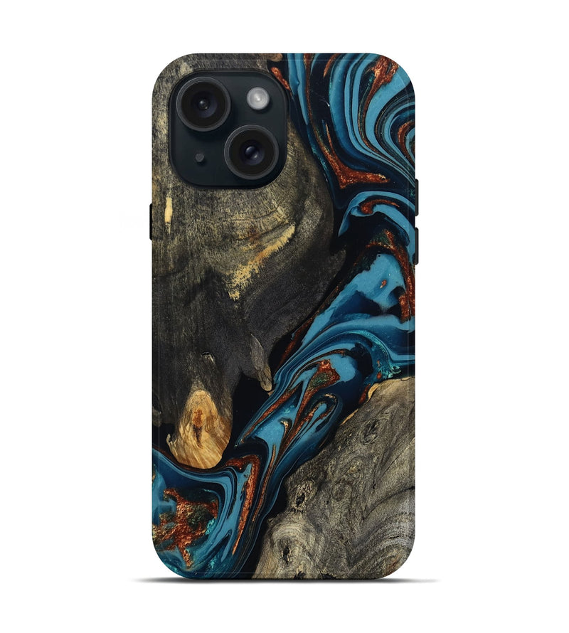 iPhone 15 Wood Live Edge Phone Case - Ireland (Teal & Gold, 809292)