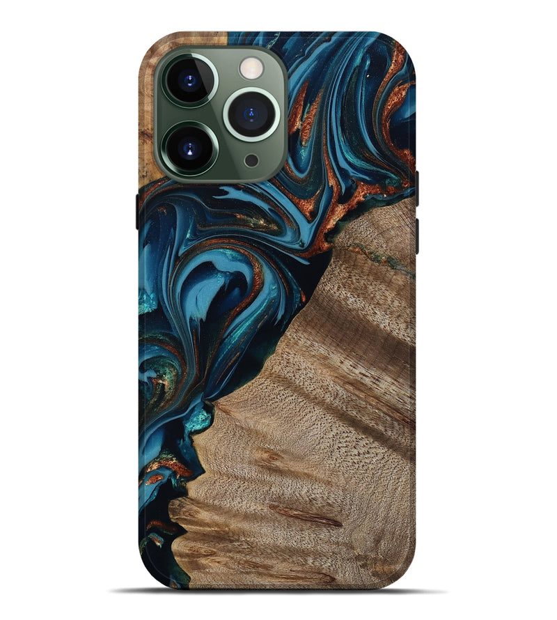 iPhone 13 Pro Max Wood Live Edge Phone Case - Rodrigo (Teal & Gold, 809311)