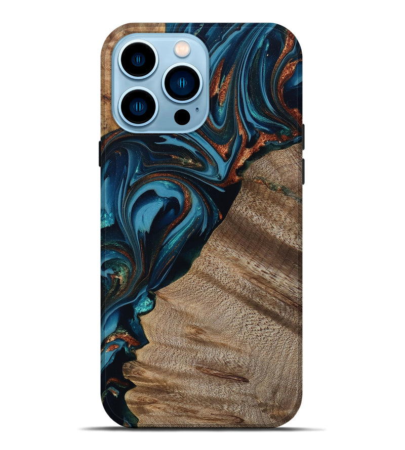 iPhone 14 Pro Max Wood Live Edge Phone Case - Rodrigo (Teal & Gold, 809311)