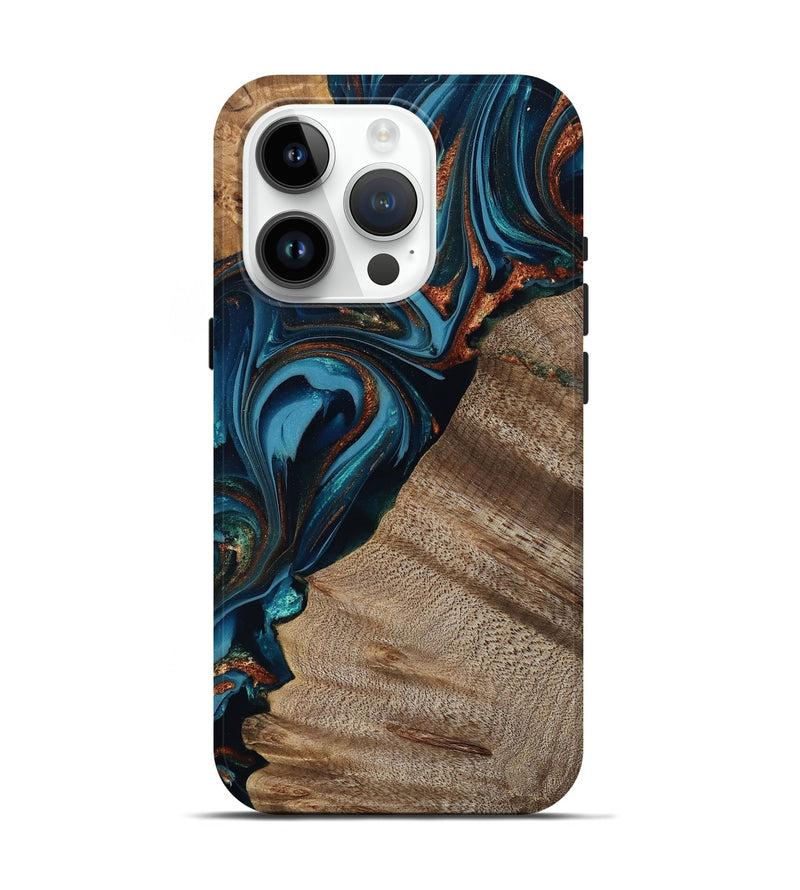 iPhone 15 Pro Wood Live Edge Phone Case - Rodrigo (Teal & Gold, 809311)