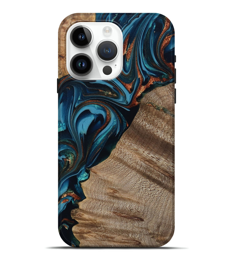 iPhone 15 Pro Max Wood Live Edge Phone Case - Rodrigo (Teal & Gold, 809311)