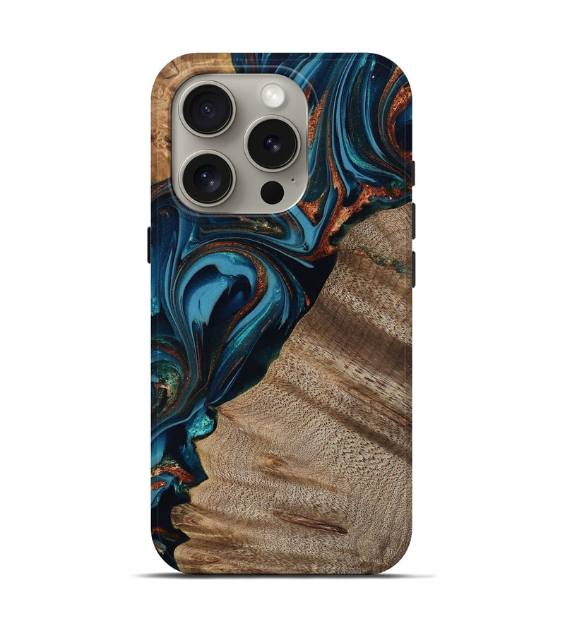 iPhone 16 Pro Wood Live Edge Phone Case - Rodrigo (Teal & Gold, 809311)