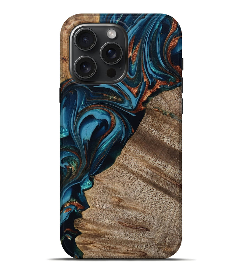 iPhone 16 Pro Max Wood Live Edge Phone Case - Rodrigo (Teal & Gold, 809311)