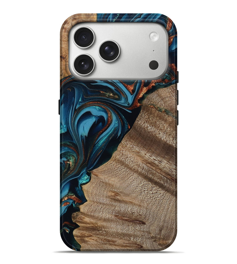 iPhone 17 Pro Max Wood Live Edge Phone Case - Rodrigo (Teal & Gold, 809311)