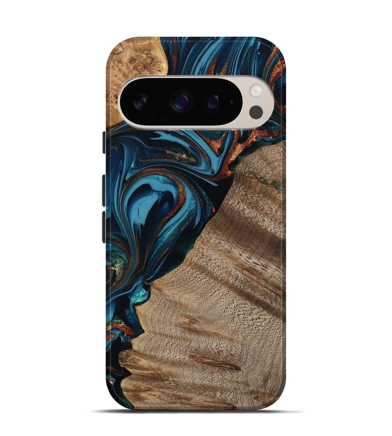 Pixel 10 Pro Wood Live Edge Phone Case - Rodrigo (Teal & Gold, 809311)