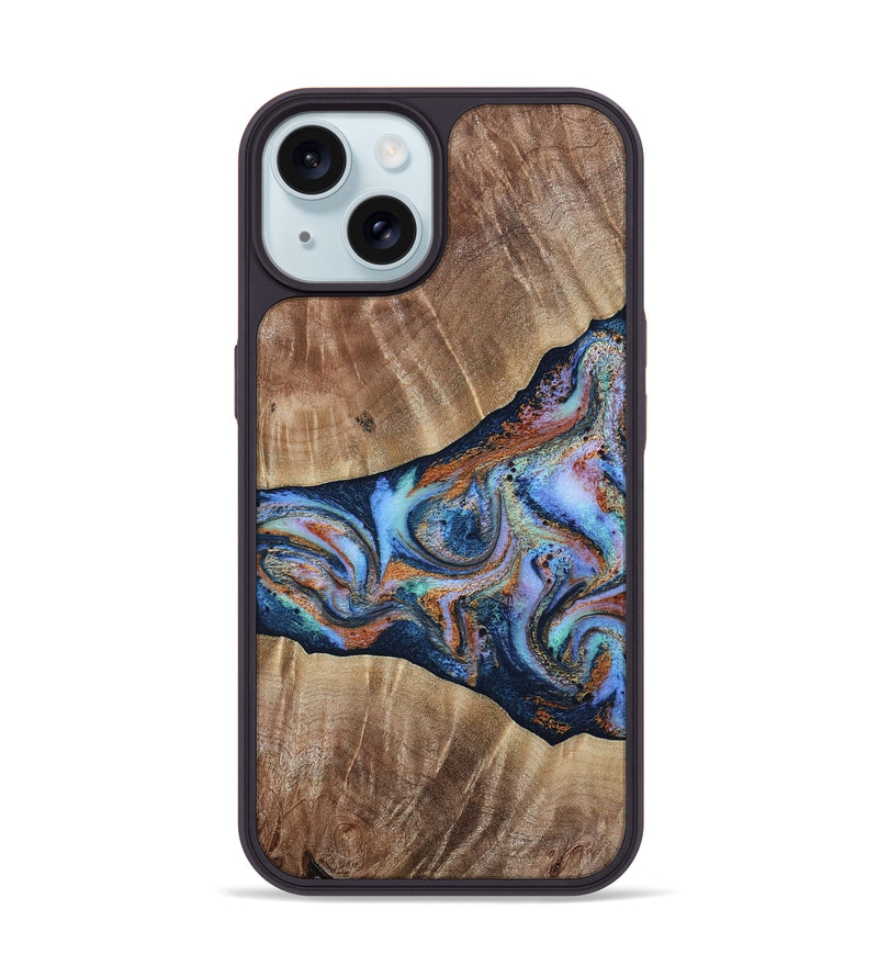 iPhone 15 Wood Phone Case - Mikalah (Teal & Gold, 809407)
