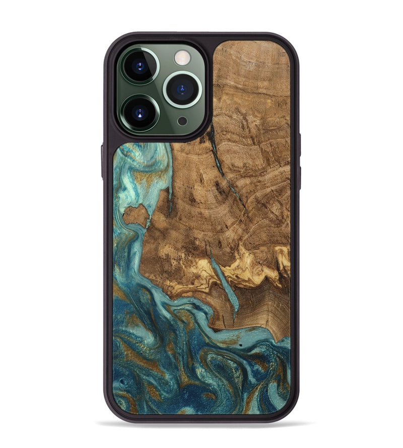 iPhone 13 Pro Max Wood Phone Case - Inaya (Teal & Gold, 809411)