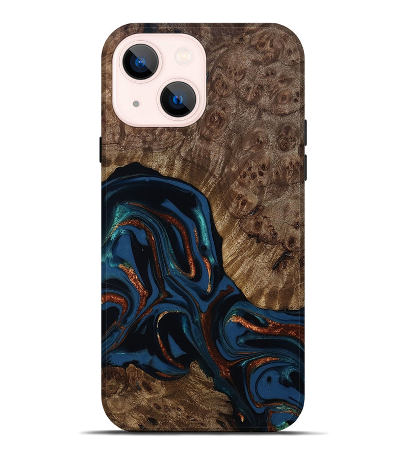 iPhone 14 Plus Wood Live Edge Phone Case - Velda (Teal & Gold, 809433)