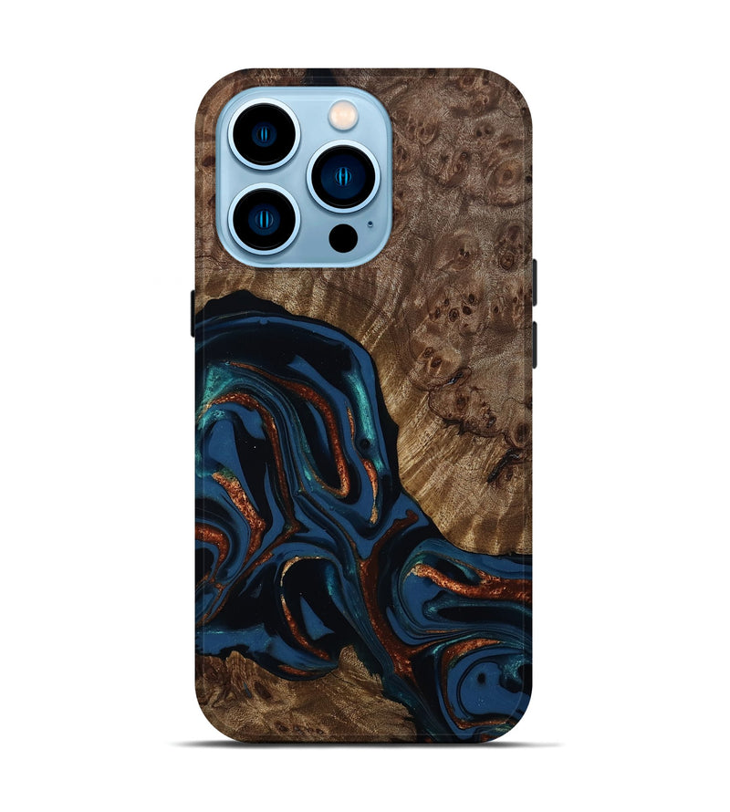 iPhone 14 Pro Wood Live Edge Phone Case - Velda (Teal & Gold, 809433)
