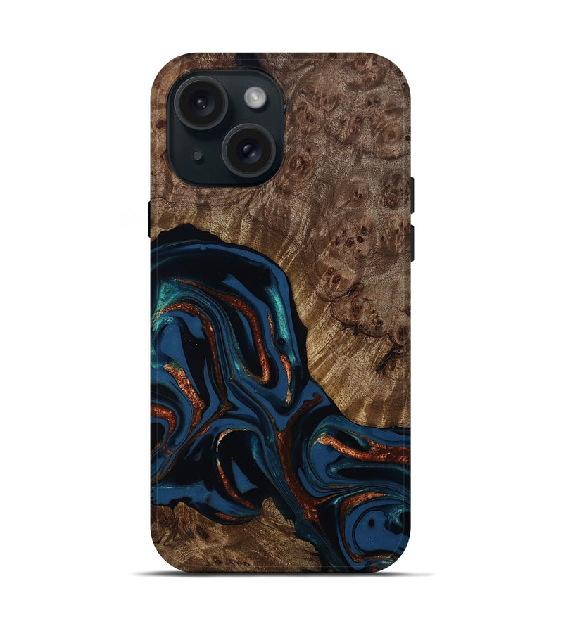 iPhone 15 Wood Live Edge Phone Case - Velda (Teal & Gold, 809433)